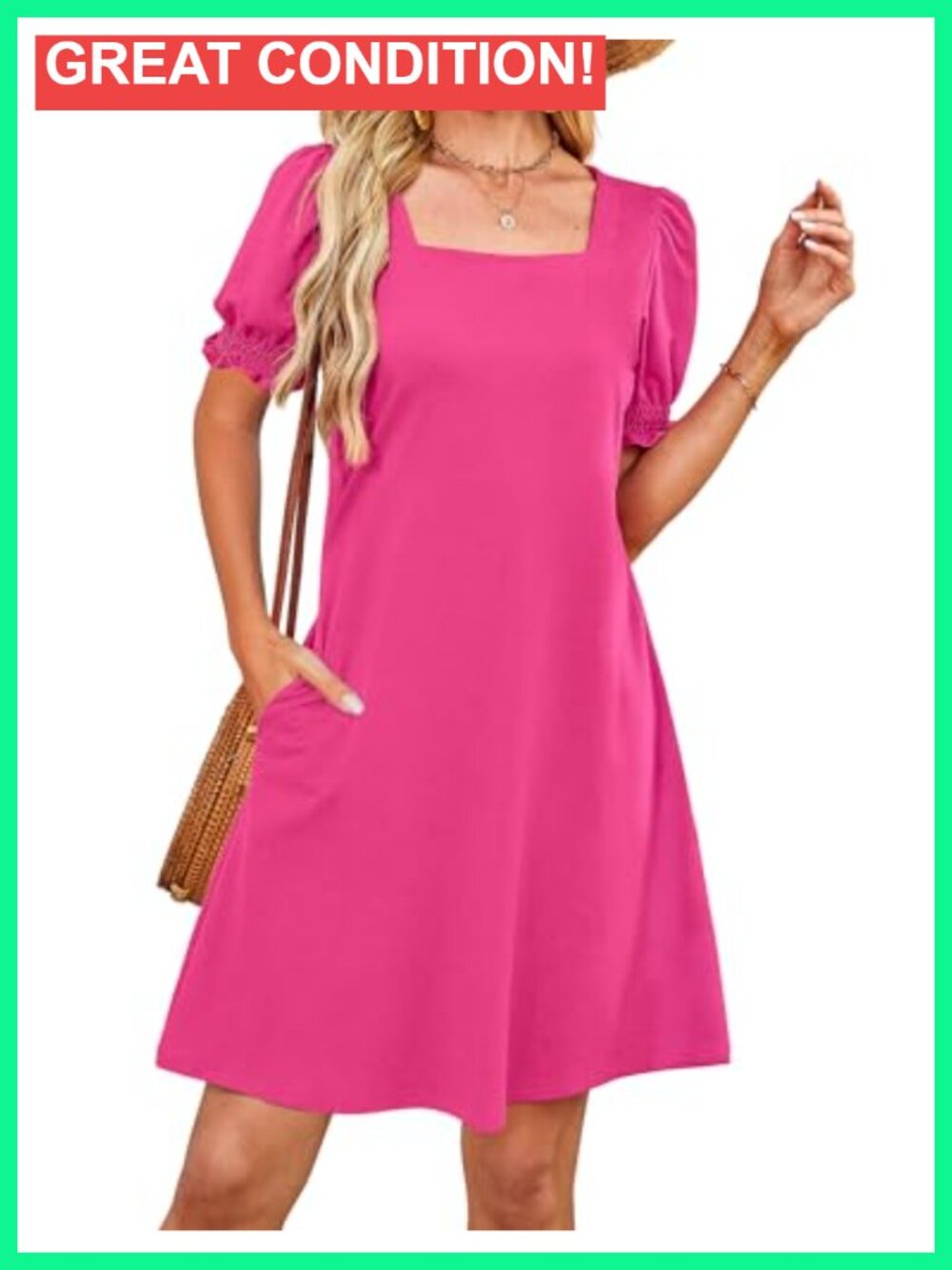 Square Neck Puff Sleeve Casual Dress with Pockets